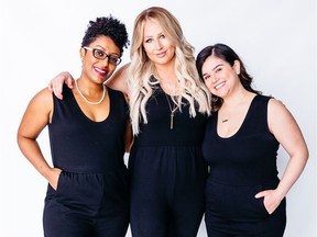 Models wear Little Black Jumpsuits from the Canadian brand Gus Sloan.