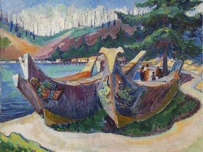 War Canoes, Alert Bay, 1912, oil-on-canvas, by Emily Carr. It's in Emily Carr: Fresh Seeing — French Modernism and the West Coast, at the Audain Art Museum on Sept. 21-Jan. 19, 2020.