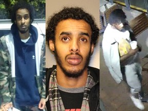 Surrey RCMP are still searching for Williams Daniels-Sey (right) in a forcible confinement case. Two other suspects, Hashi Jama Jama (left) and Hassan Avdirazak Shakib (middle) have turned themselves in to police.