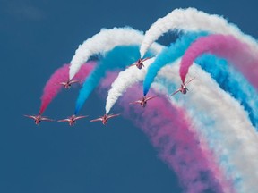 The Royal Air Force's aerial stunt team, the Red Arrows, will fly over Victoria and Vancouver this Thursday.