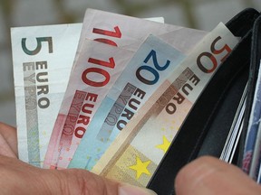 Euro bills, the currency of the European Union.