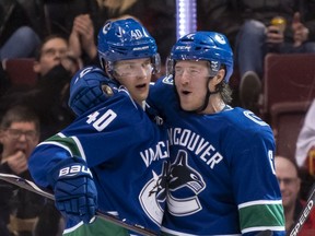 The Vancouver Canucks will be hoping that star linemates Elias Pettersson (left) and Brock Boeser have plenty more to celebrate in the 2019-20 NHL season.
