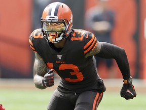 Cleveland Browns wide receiver Odell Beckham Jr. runs a route during a game against the Tennessee Titans, Sunday, Sept. 8, 2019, in Cleveland. The flashy, fashionable wide receiver sported an expensive watch (left wrist) during the game. (AP Photo/Ron Schwane)