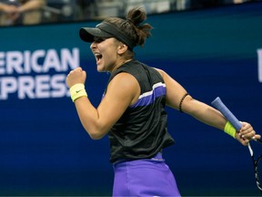 Bianca Andreescu of Canada celebrates a point while playing Taylor Townsend of the U.S. during their Round Four Women's Singles match at the 2019 U.S. Open at the USTA Billie Jean King National Tennis Center in New York on September 2, 2019.