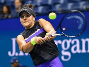 Bianca Andreescu of Canada hits to Elise Mertens of Belgium in their quarterfinal match at the 2019 U.S. Open, Sept. 4, 2019.