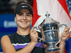 Canadian Bianca Andreescu poses with the trophy after she won the 2019 U.S. Open against American Serena Williams on Sept. 7, 2019.