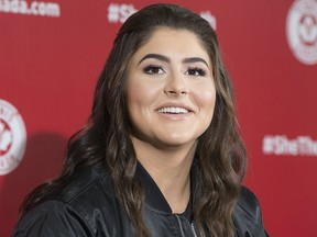 Bianca Andreescu, fresh off her U.S. Open Championship win this past weekend in New York, at a press conference at the Aviva Centre in Toronto on Wednesday, Sept. 11, 2019.