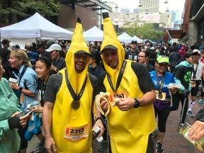 The big yellow bro-nanas — Thomas Ungerer, left, and Steve Johnson — peeled through the Under Armour Downtown Eastside 10K on Saturday. Ungerer finished in 40:12, 32 seconds ahead of his appealing sidekick. The elites, wearing "normal" racing gear, finished 10 minutes ahead. A whole "bunch" finished behind the fruit flyers.