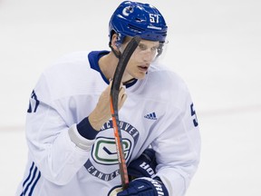 Tyler Myers adjusts his helmet Friday during the first day of the Vancouver Canucks' training camp at the Save-On Arena in Victoria.