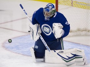 Michael DiPIetro in action on day one of Canucks training camp in Victoria.