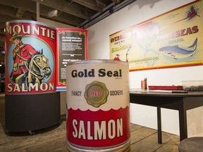 Exhibits at “The Label Unwrapped: The History of Canned Salmon Labels,” which features Gold Seal product lines through the years, at the museum on the Gulf of Georgia Cannery National Historic Site.