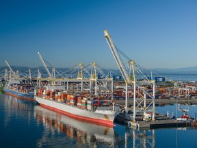 The new three-berth terminal proposed by the Vancouver Fraser
Port Authority would be built adjacent to the Deltaport (pictured) and
Westshore terminals and Tsawwassen First Nation land