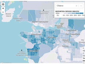 The ethnic Chinese population of Metro Vancouver has mushroomed in a decade by 24 per cent, to a total of 500,000 residents. Go to Nathan Griffith's entertaining and informative interactive map below, to learn more about the neighbourhoods where people of different ethnicities live across the city. [Photo: Screen shot of interactive map]