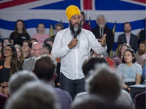 NDP Leader Jagmeet Singh holds a town hall meeting in Victoria on Friday, Sept. 27, 2019.