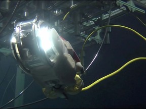 This undated handout from Japan's Toshiba and the International Research Institute for Nuclear Decommissioning shows a remotely operated underwater vehicle developed to inspect the interior of the Fukushima Daiichi Nuclear Plant Unit 3, which was destroyed by a tsunami after a massive earthquake on March 11, 2011.
