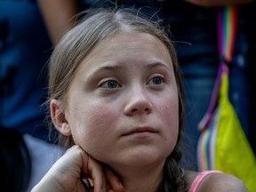 Swedish activist Greta Thunberg participates in a youth climate change protest in front of the United Nations Headquarters in Manhattan.