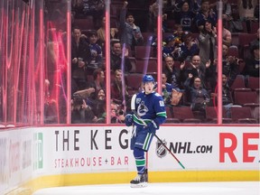 Vancouver Canucks centre Adam Gaudette (88) celebrates his goal against the Ottawa Senators during the first period.