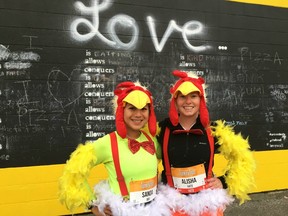 Sanda Noronha, left, and Alisha Maxfield had a ball feathering up for the Granville Island Turkey Trot and they weren't the only "peeps" dressed up for the traditional Thanksgiving Day run in Vancouver. Expect more of the same this year.