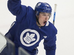 Maple Leafs forward Mitch Marner celebrates a goal in practice in Toronto on Oct. 16, 2018.