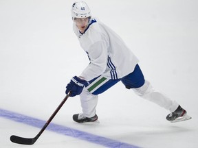 Elias Pettersson worked out Wednesday at Rogers Arena in Vancouver. He said an off-season workout program has left him feeling confident heading into his NHL sophomore season.