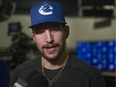 Sven Baertschi of the Vancouver Canucks talks to reporters at Rogers Arena on Thursday about his improved health, new child and a return to NHL action.