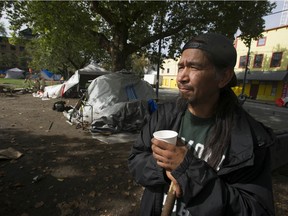 Gary Humchitt at Oppenheimer Park. Nearly 100 tents remain as local government and agencies look for solutions.