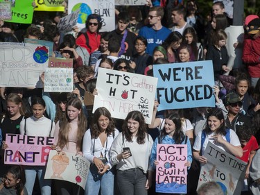 Vancouver, BC: SEPTEMBER 27, 2019 -- Tens of thousands of people concerned about the state of the earth's climate converged on Vancouver city hall Friday, September 27, 2019 as part of a global initiative to bring attention to the environment. The throngs of people marched across the Cambie Street bridge and into downtown.