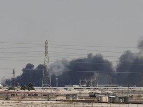 Smoke is seen following a fire at Aramco facility in the eastern city of Abqaiq, Saudi Arabia, on Sept. 14, 2019.