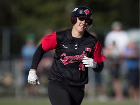 Canada's Kaleigh Rafter rounds second base after hitting a solo home run to end the game during fifth inning playoff action against Brazil at the Softball Americas Olympic Qualifier tournament in Surrey on Sunday September 1, 2019.