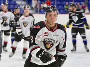 Vancouver Giants winger Tristen Nielsen celebrates after scoring one of his three goals in the Giants’ 3-2 win over the Victoria Royals in WHL pre-season action last week at Langley Events Centre.