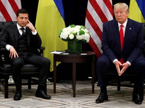 Ukraine's President Volodymyr Zelenskiy (left) and U.S. President Donald Trump at the United Nations General Assembly in New York on Sept. 25, 2019.