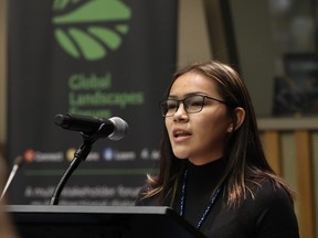 Chief Water Commissioner Autumn Peltier, from Canada's Anishinabek Nation, addresses the Global Landscapes Forum, at the United Nations, Saturday, Sept. 28, 2019.
