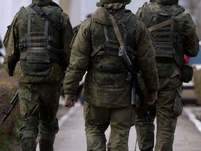 Russian soldiers seen in Novoozerne, Crimea on March 19, 2014.