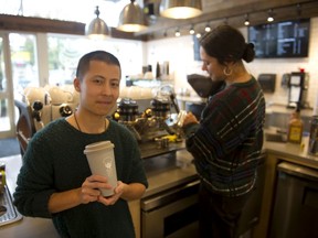 Abner Tsai is founder of Cuppy, a new cup-sharing program that aims to cut back on the use of single-use coffee cups at Grounds for Coffee on Commercial Drive in Vancouver.