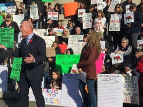 Liberal MLA and farmer Mike de Jong speaks to a crowd of roughly 100 farmers protesting at the B.C. legislature on Oct. 28 in Victoria.