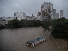 A cafe lies submerged as the Tama River floods during Typhoon Hagibis on October 12, 2019 in Tokyo, Japan. Typhoon Hagibis is the most powerful typhoon to hit Japan this year and has been classed by the Japan Meteorological Agency as a 'violent typhoon' - the highest category on Japan's typhoon scale.
