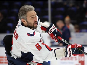 Alex Ovechkin of the Washington Capitals skates in warm-ups prior to a game against the New York Islanders at NYCB Live's Nassau Coliseum on October 4, 2019 in Uniondale, New York.