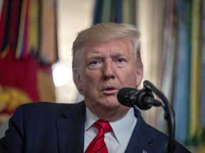 U.S. President Donald Trump makes a statement in the Diplomatic Reception Room of the White House on Oct. 27, 2019 in Washington, DC.