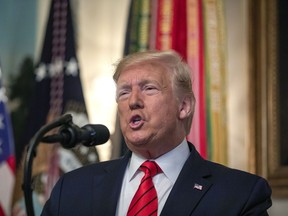 U.S. President Donald Trump makes a statement in the Diplomatic Reception Room of the White House on Oct. 27, 2019 in Washington, D.C.