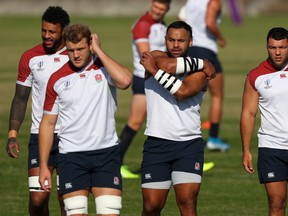 England players from left to right, Courtney Lawes, Joe Launchbury, Billy Vunipola and Ellis Genge pictured during England training at Fuchu Asahi Football Park on October 30, 2019 in Fuchu, Japan. (Photo by Stu Forster/Getty Images)