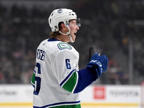 Brock Boeser #6 of the Vancouver Canucks celebrates his hat trick goal to take a 4-2 lead over the Los Angeles Kings during the third period in a 5-3 Canucks win at Staples Center on October 30, 2019 in Los Angeles, California.