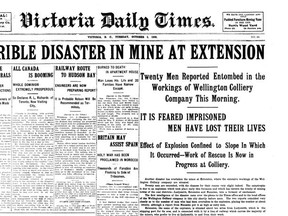 Front cover of the Victoria Daily Times on Oct. 5, 1909 with news of a mine disaster on Vancouver Island.