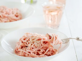 Pink Pasta from Fraiche Food, Full Hearts: A Collection of Recipes for Every Day and Casual Celebrations by Jillian Harris and Tori Wesszer.