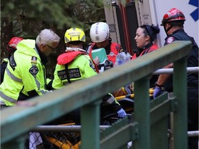 Two people were taken to hospital, one in critical condition, following a rescue along the Capilano River in North Vancouver on Sunday afternoon.