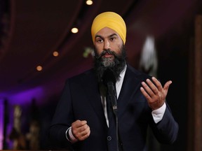 New Democratic Party leader Jagmeet Singh speaks during a press conference after the Federal Leaders Debate at the Canadian Museum of History in Gatineau, Quebec on October 7, 2019.