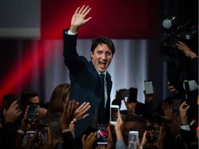 Prime minister Justin Trudeau celebrates his victory with his supporters at the Palais des Congres in Montreal.
