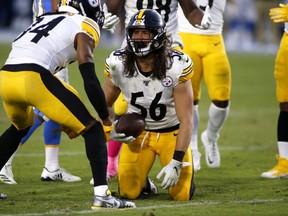 Steelers linebacker Anthony Chickillo (56) and strong safety Terrell Edmunds (34) react during a game against the Chargers at Dignity Health Sports Park in Carson, Calif., on Oct. 13, 2019.