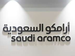 The logo of Saudi Aramco is seen at the 20th Middle East Oil & Gas Show and Conference in Manama, Bahrain, March 7, 2017.