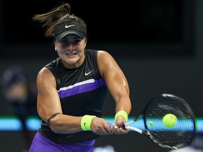 Bianca Andreescu of Canada in action against Elise Mertens of Belgium during the Women's singles 2 round of 2019 China Open at the China National Tennis Center on Oct.2, 2019 in Beijing, China.
