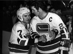 Scoring champions Vancouver Canucks Andre Boudrias (left) and captain Orland Kurtenbach (right) in April 1972. David Donnelly/Vancouver Sun [PNG Merlin Archive]